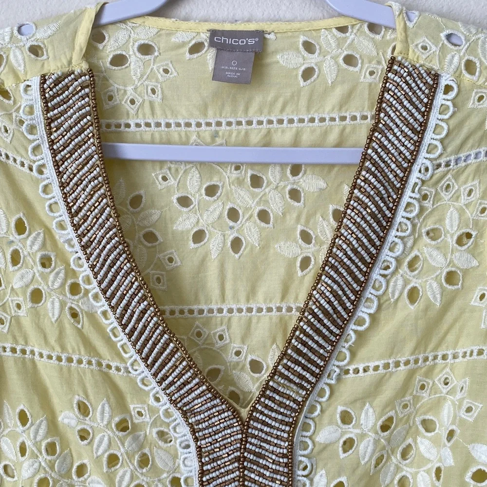Chico's Yellow Eyelet Blouse with Brown Beaded Trim - Picture 4 of 9